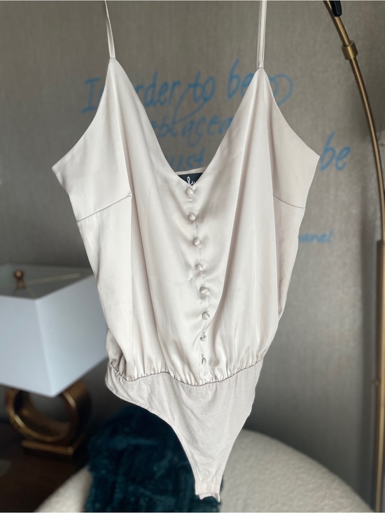 Lulus Tops - Lulus Size Champagne Satin Button-Front Sleeveless Bodysuit